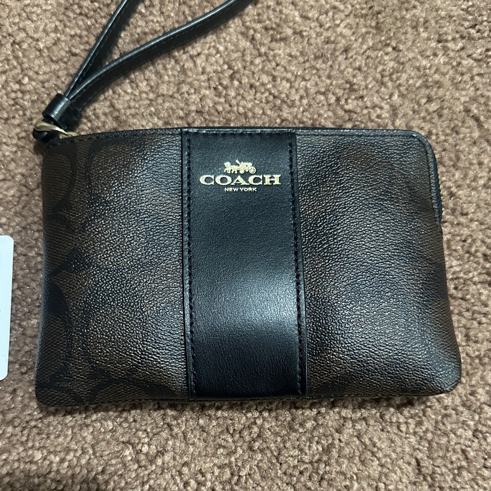 Coach Black and Brown Signature Leather Wristlet